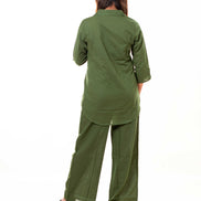 Olive Green Embroidered Cotton Co-ord Set with Shirt Collar