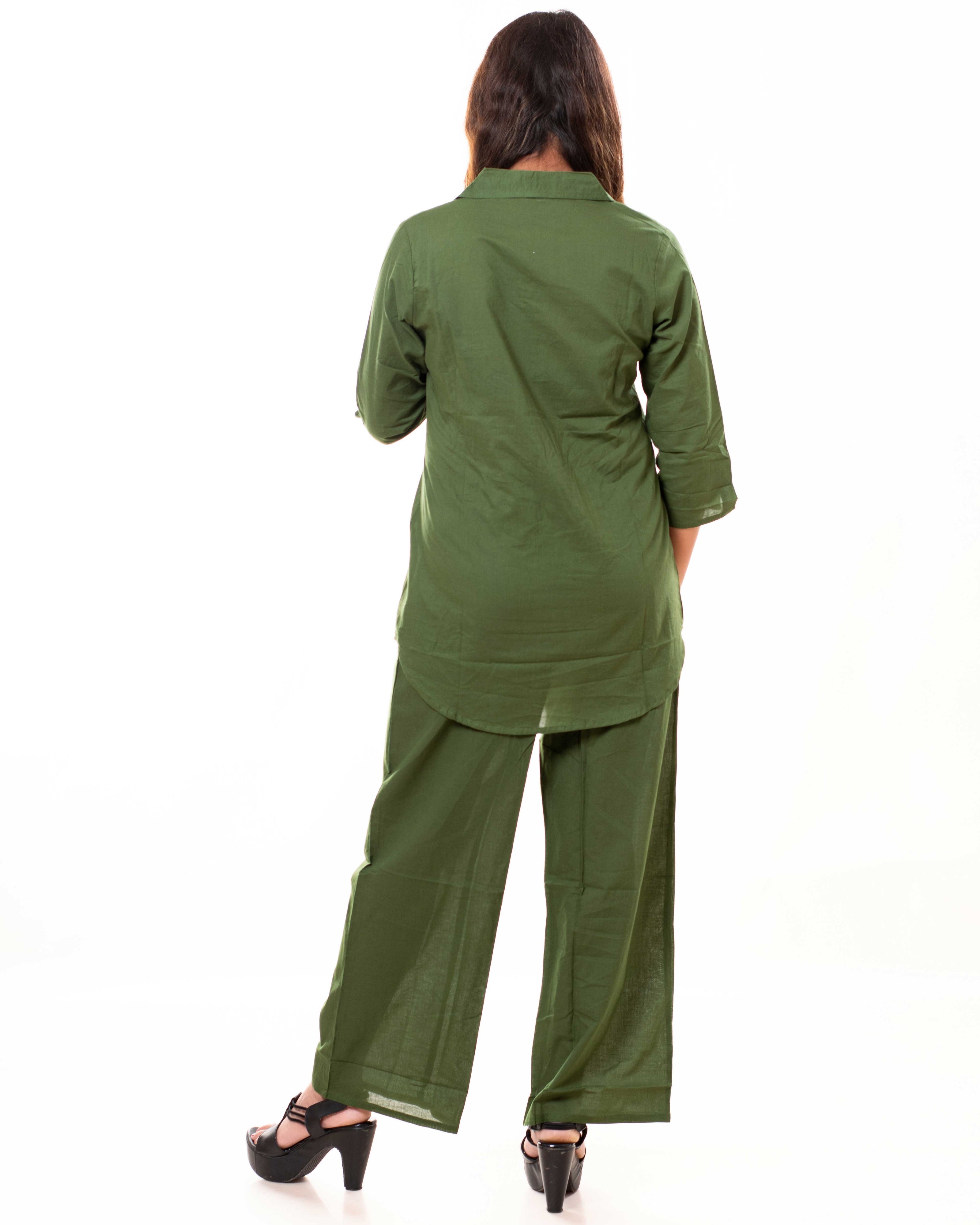 Olive Green Embroidered Cotton Co-ord Set with Shirt Collar