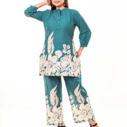 Teal Floral Printed Cotton Co-ord Set with Puff Sleeves