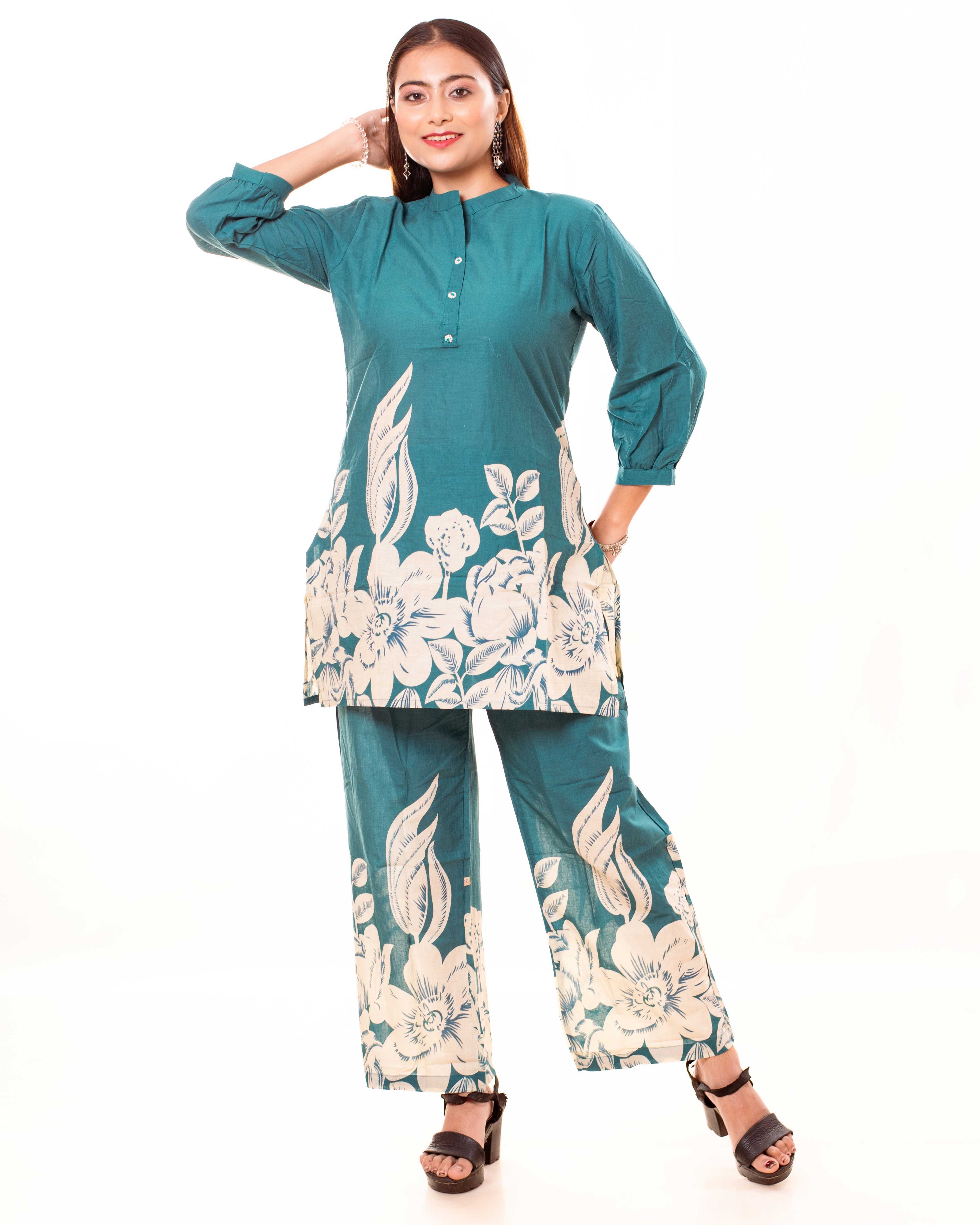 Teal Floral Printed Cotton Co-ord Set with Puff Sleeves