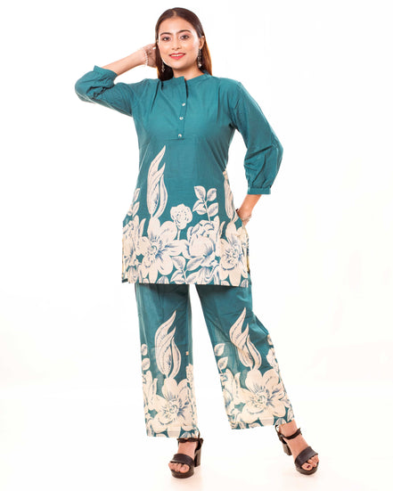Teal Floral Printed Cotton Co-ord Set with Puff Sleeves