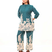 Teal Floral Printed Cotton Co-ord Set with Puff Sleeves