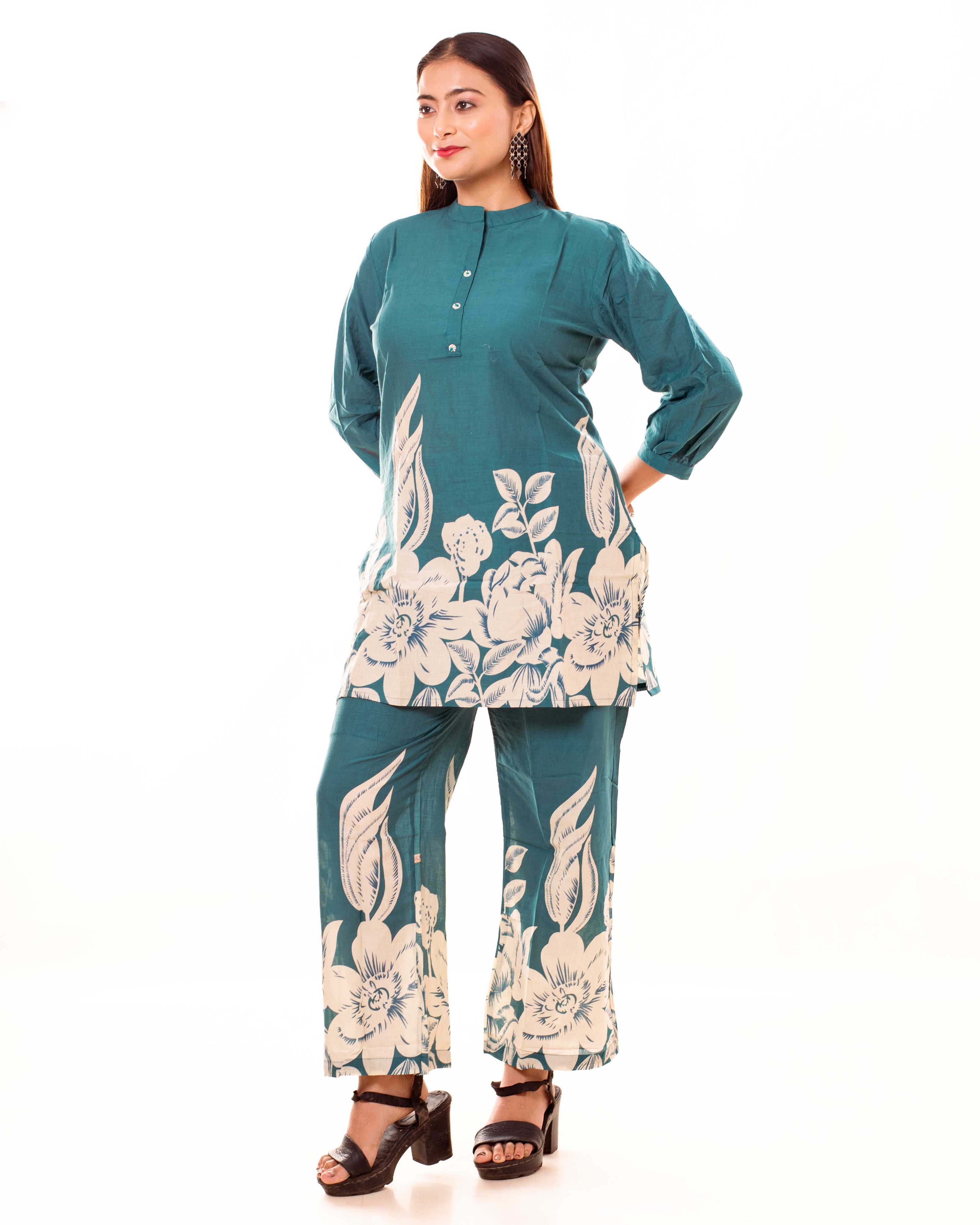 Teal Floral Printed Cotton Co-ord Set with Puff Sleeves