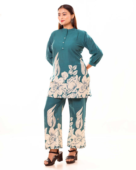 Teal Floral Printed Cotton Co-ord Set with Puff Sleeves