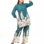 Teal Floral Printed Cotton Co-ord Set with Puff Sleeves