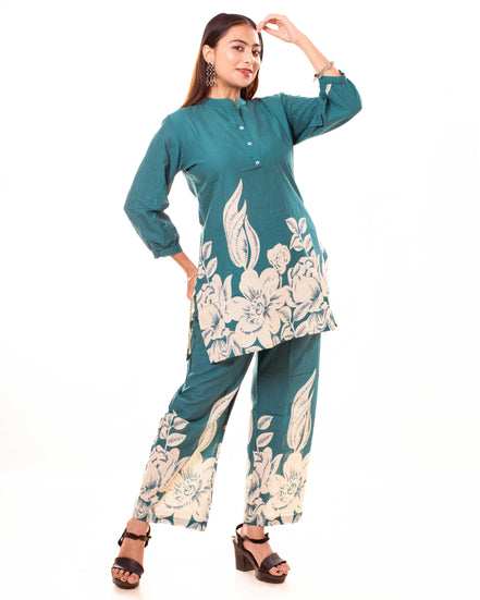 Teal Floral Printed Cotton Co-ord Set with Puff Sleeves
