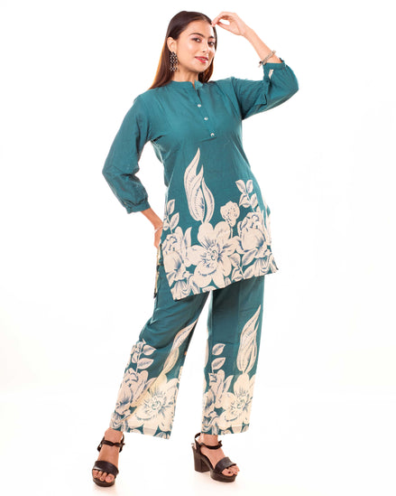 Teal Floral Printed Cotton Co-ord Set with Puff Sleeves