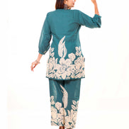 Teal Floral Printed Cotton Co-ord Set with Puff Sleeves