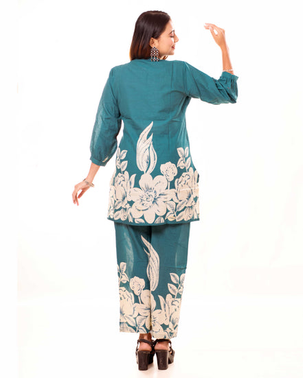 Teal Floral Printed Cotton Co-ord Set with Puff Sleeves