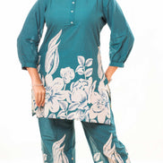 Teal Floral Printed Cotton Co-ord Set with Puff Sleeves