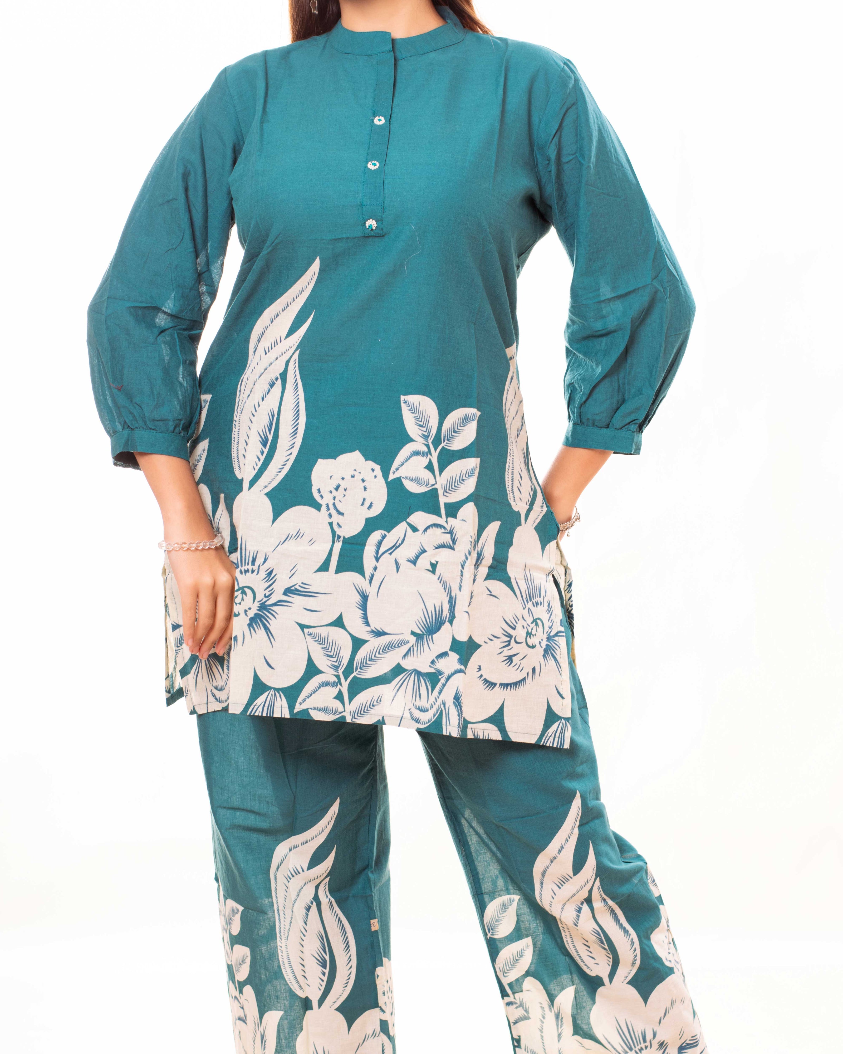 Teal Floral Printed Cotton Co-ord Set with Puff Sleeves