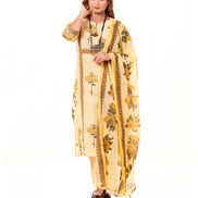 Yellow & White Striped Floral Print Pure Cotton Kurta Palazzo Dupatta Set