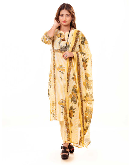 Yellow & White Striped Floral Print Pure Cotton Kurta Palazzo Dupatta Set