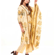 Yellow & White Striped Floral Print Pure Cotton Kurta Palazzo Dupatta Set