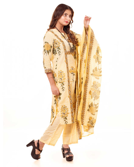 Yellow & White Striped Floral Print Pure Cotton Kurta Palazzo Dupatta Set