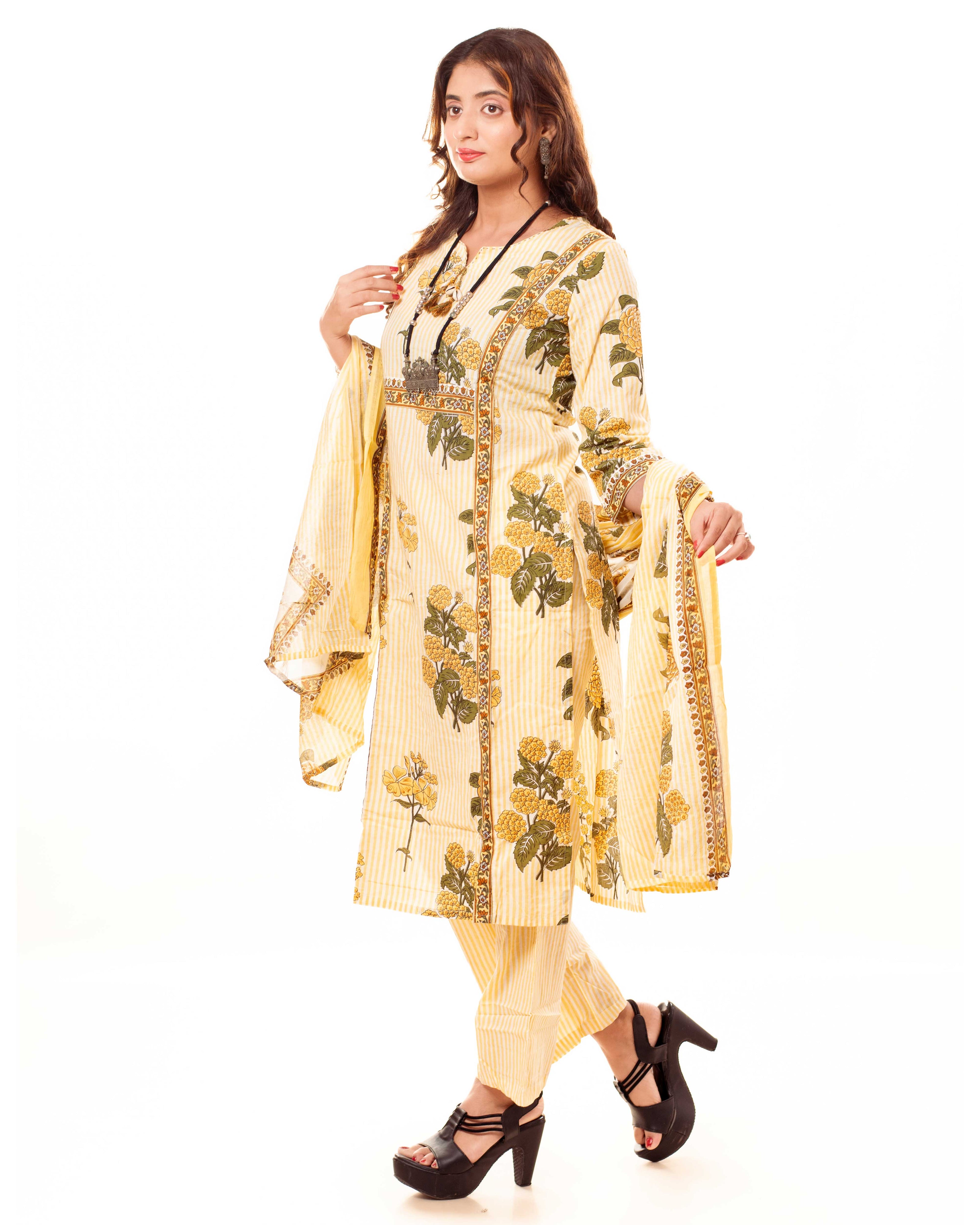 Yellow & White Striped Floral Print Pure Cotton Kurta Palazzo Dupatta Set