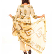 Yellow & White Striped Floral Print Pure Cotton Kurta Palazzo Dupatta Set