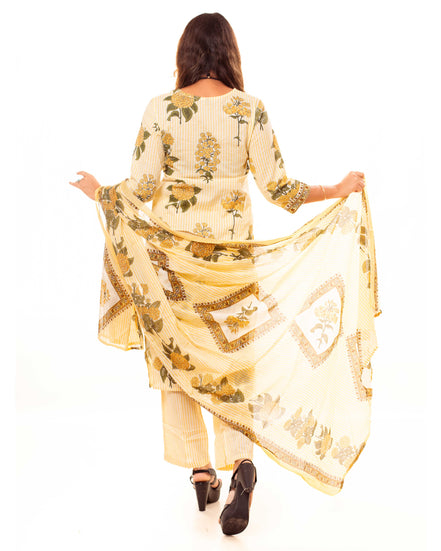 Yellow & White Striped Floral Print Pure Cotton Kurta Palazzo Dupatta Set