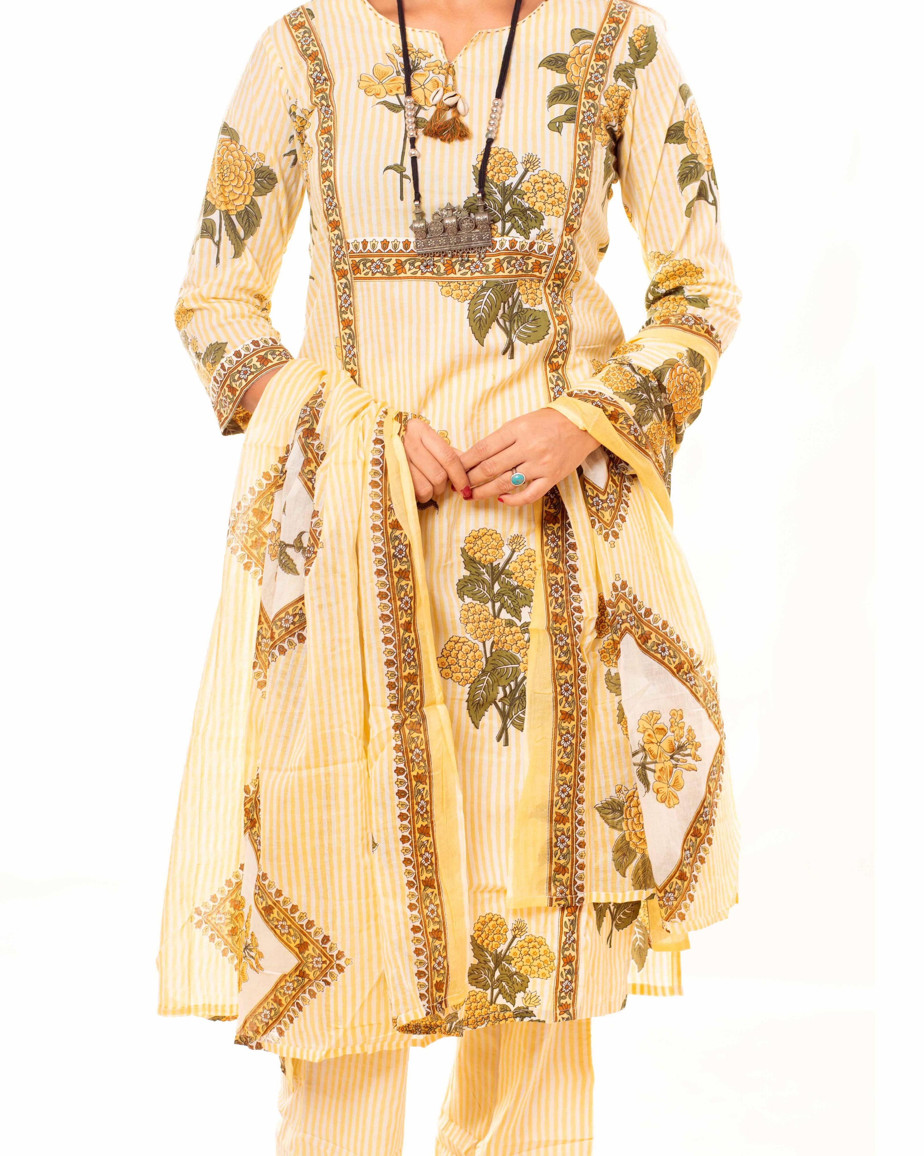 Yellow & White Striped Floral Print Pure Cotton Kurta Palazzo Dupatta Set
