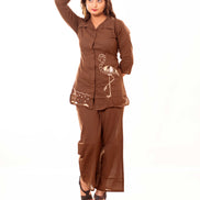 Brown Pure Cotton Co-ord Set with Flamingo Embroidery