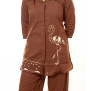 Brown Pure Cotton Co-ord Set with Flamingo Embroidery