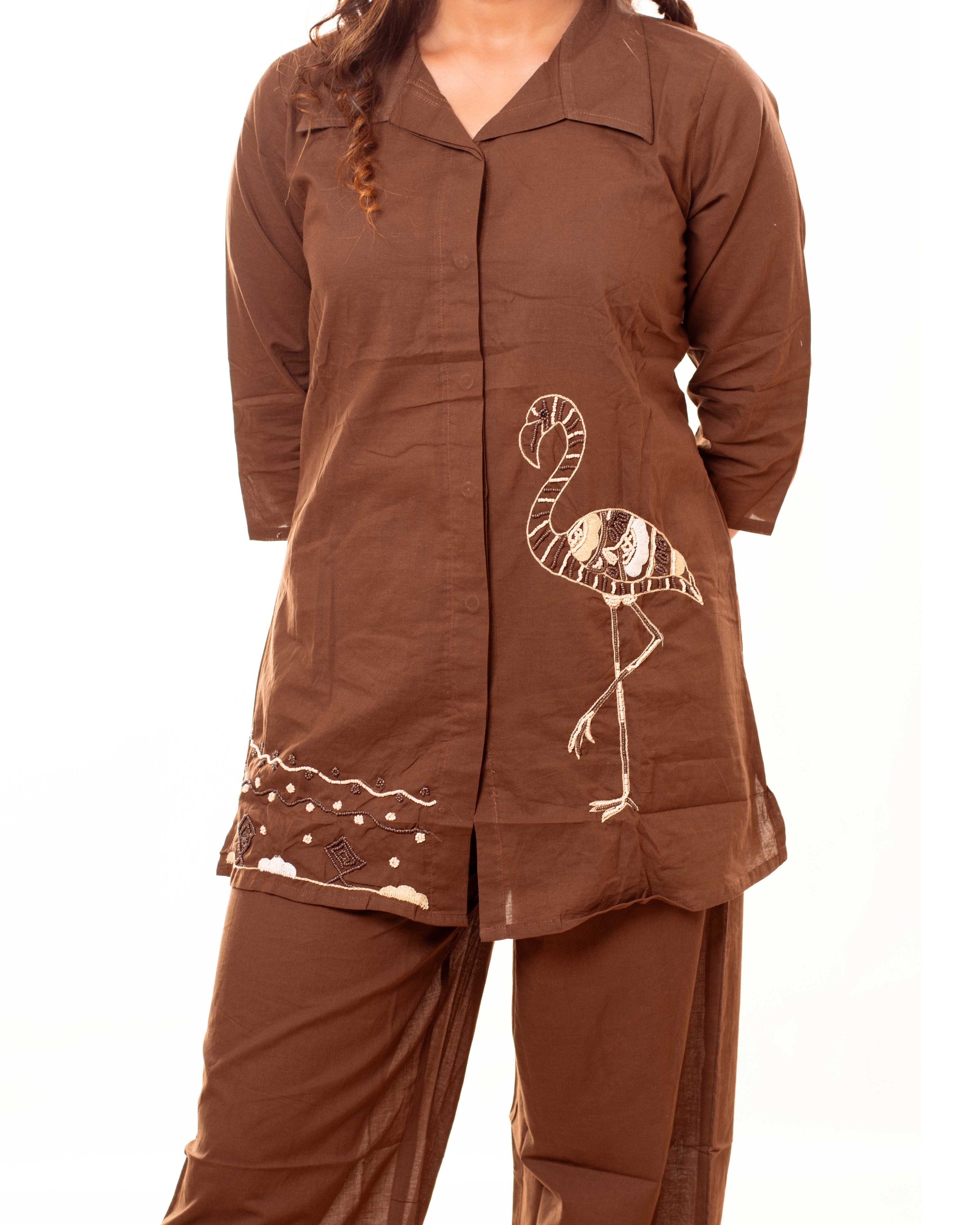 Brown Pure Cotton Co-ord Set with Flamingo Embroidery