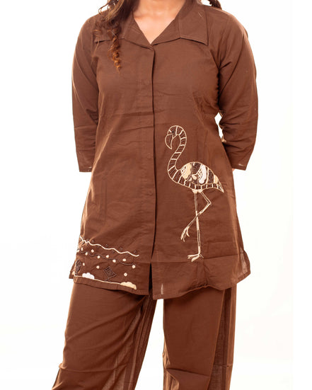 Brown Pure Cotton Co-ord Set with Flamingo Embroidery