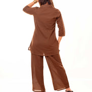 Brown Pure Cotton Co-ord Set with Flamingo Embroidery