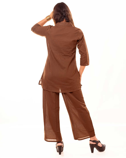 Brown Pure Cotton Co-ord Set with Flamingo Embroidery