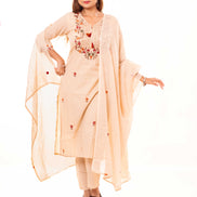Beige Embroidered Cotton Kurta Set with Lining