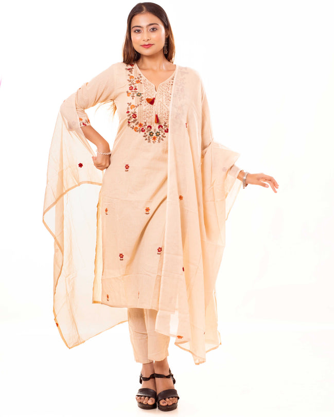 Beige Embroidered Cotton Kurta Set with Lining