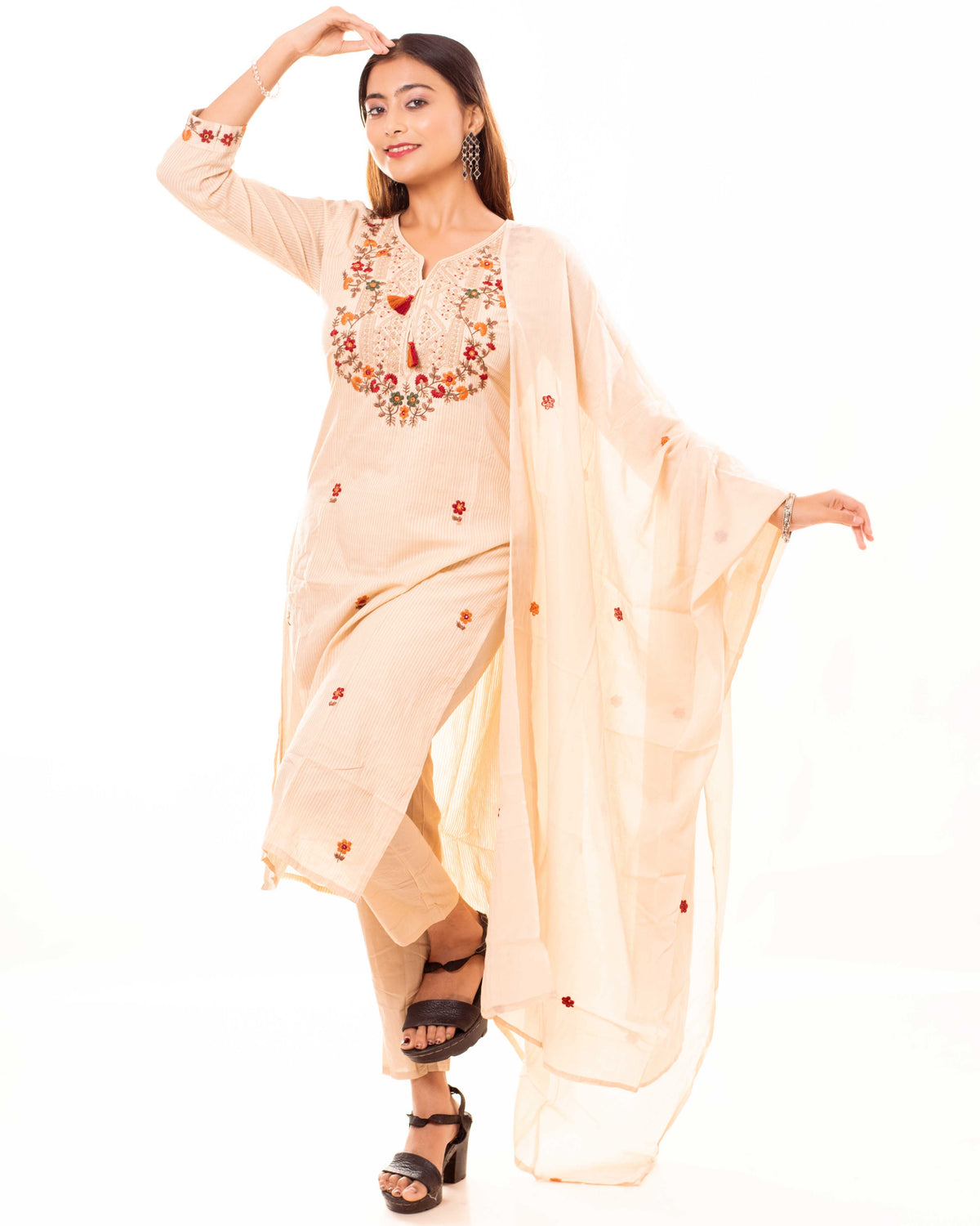 Beige Embroidered Cotton Kurta Set with Lining