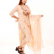 Beige Embroidered Cotton Kurta Set with Lining