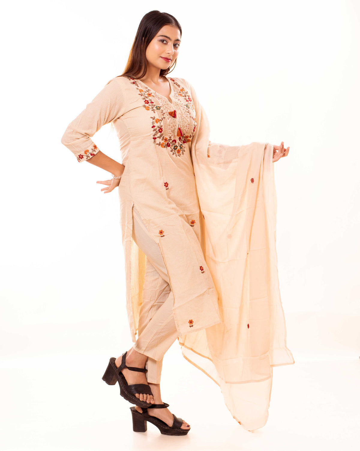 Beige Embroidered Cotton Kurta Set with Lining