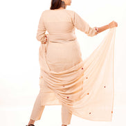 Beige Embroidered Cotton Kurta Set with Lining