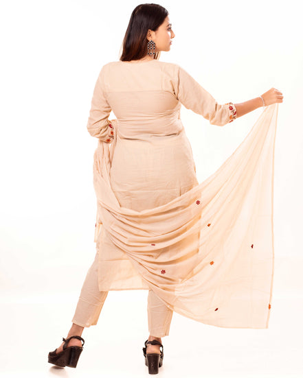 Beige Embroidered Cotton Kurta Set with Lining