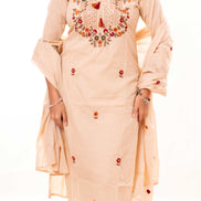 Beige Embroidered Cotton Kurta Set with Lining