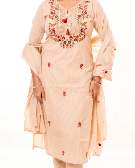 Beige Embroidered Cotton Kurta Set with Lining