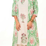 Beige Printed Kurta Palazzo Set with Green Ikat Print Long Shrug