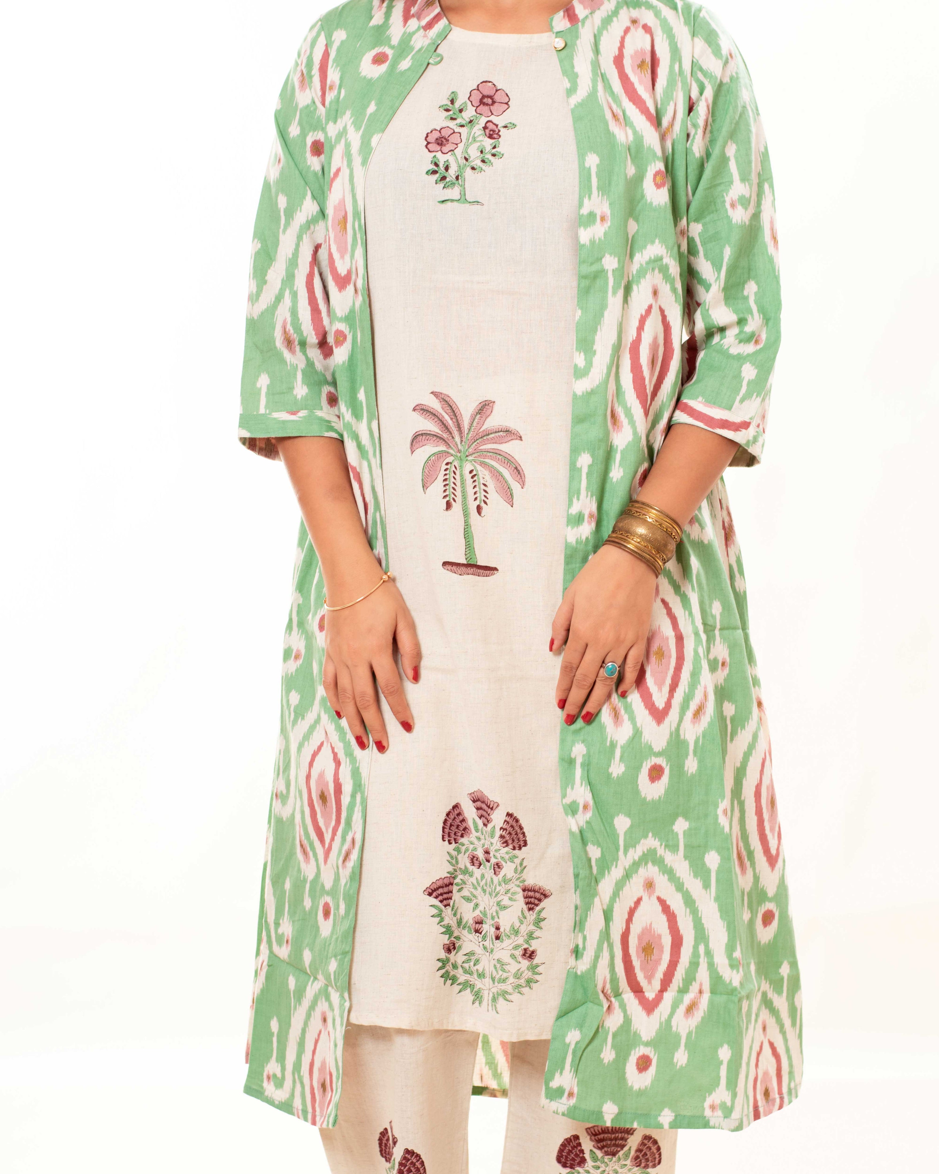 Beige Printed Kurta Palazzo Set with Green Ikat Print Long Shrug