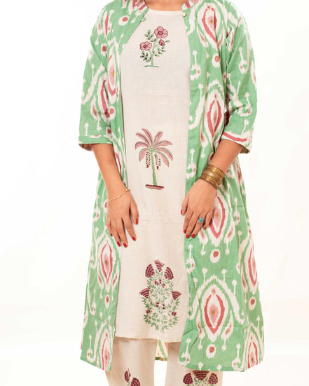 Beige Printed Kurta Palazzo Set with Green Ikat Print Long Shrug