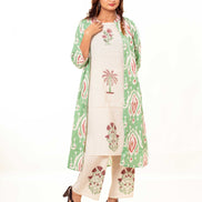 Beige Printed Kurta Palazzo Set with Green Ikat Print Long Shrug