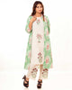Beige Printed Kurta Palazzo Set with Green Ikat Print Long Shrug