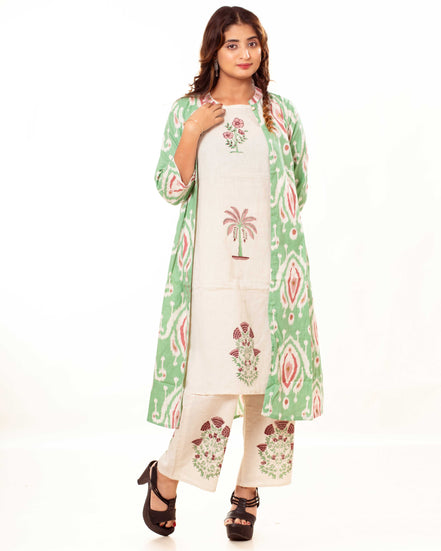 Beige Printed Kurta Palazzo Set with Green Ikat Print Long Shrug