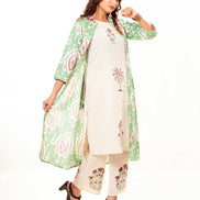 Beige Printed Kurta Palazzo Set with Green Ikat Print Long Shrug