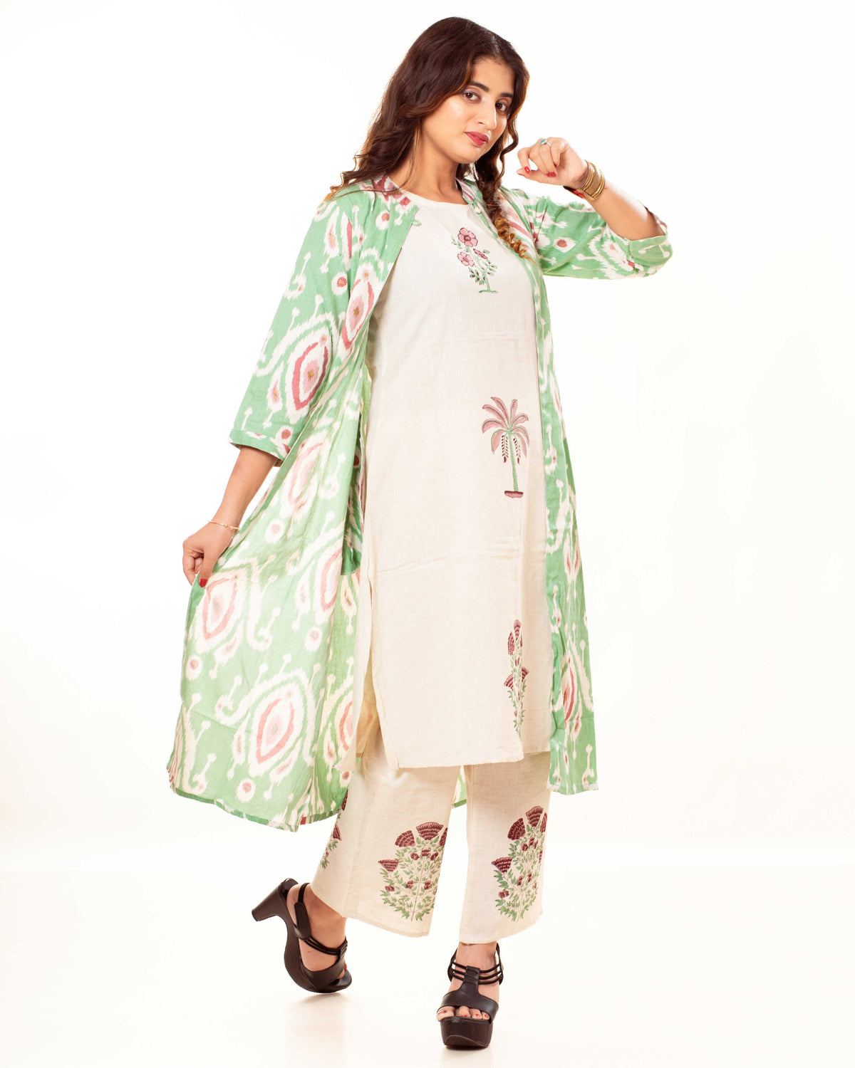 Beige Printed Kurta Palazzo Set with Green Ikat Print Long Shrug