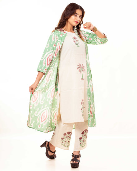 Beige Printed Kurta Palazzo Set with Green Ikat Print Long Shrug
