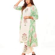 Beige Printed Kurta Palazzo Set with Green Ikat Print Long Shrug