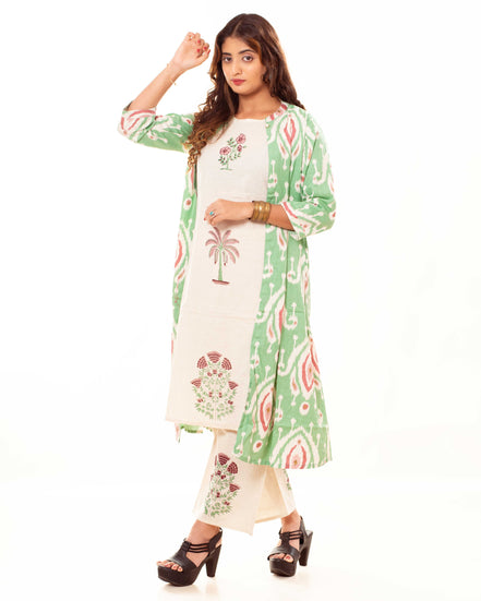 Beige Printed Kurta Palazzo Set with Green Ikat Print Long Shrug