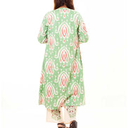 Beige Printed Kurta Palazzo Set with Green Ikat Print Long Shrug